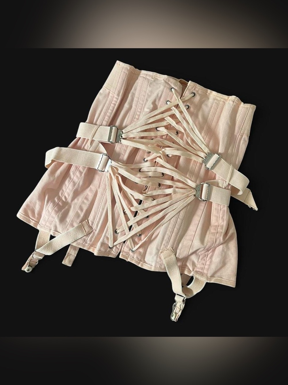 TRUE VINTAGE • ULTRA RARE 1940s CAMP BABY PINK FAN LACE UP WAIST TRAINING CORSET